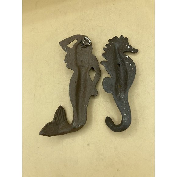Beach Decor Coat Hat Wall Hooks Cast Iron Mermaid & Seahorse - Picture 6 of 9